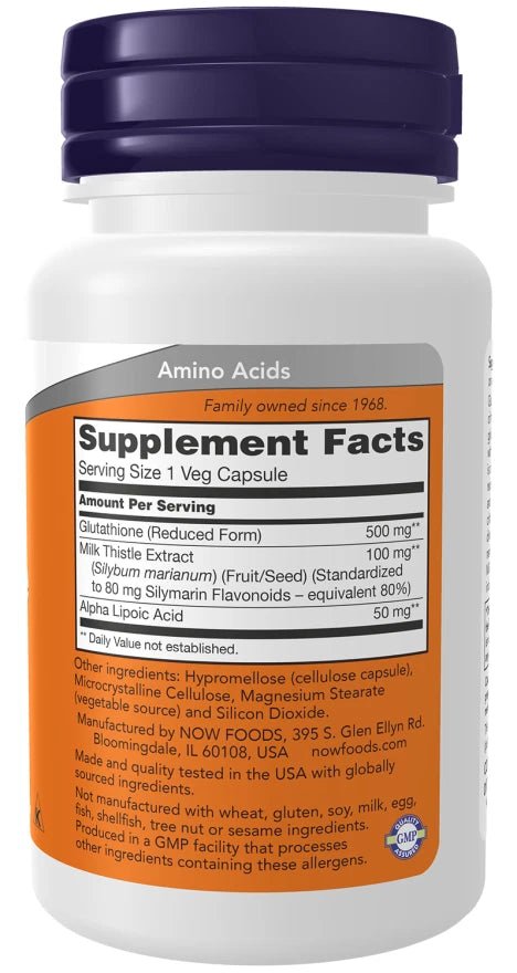 Now Foods Glutathione with Milk Thistle Extract &amp; Alpha Lipoic Acid 500mg 30 ... - NirooX NutritionNirooX Nutrition