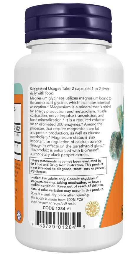 NOW Foods Magnesium Glycinate with BioPerine - 60 vcaps / 3 x 60 vcaps / 180caps - NirooX NutritionNirooX Nutrition