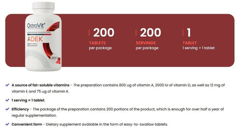 OstroVit ADEK 200 Tabletten Vitamin A D3 E K2 Komplex Immunsystem Knochen NirooX