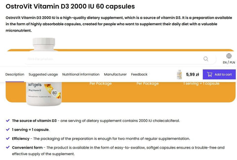 OstroVit Vitamin D3 2000 IU 60 Softgels Knochen Immunsystem Muskeln Sporternährung NirooX